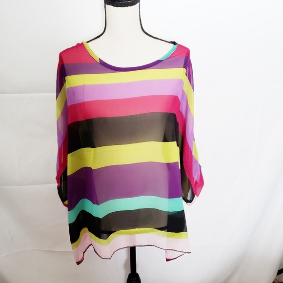 Striped sheer chiffon high low blouse top pink - Picture 2 of 6